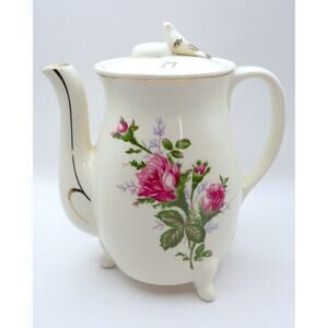 Vintage Holmar Japan Electric Teapot Coffee Pot Roses Bird Finial 120V Kettle
